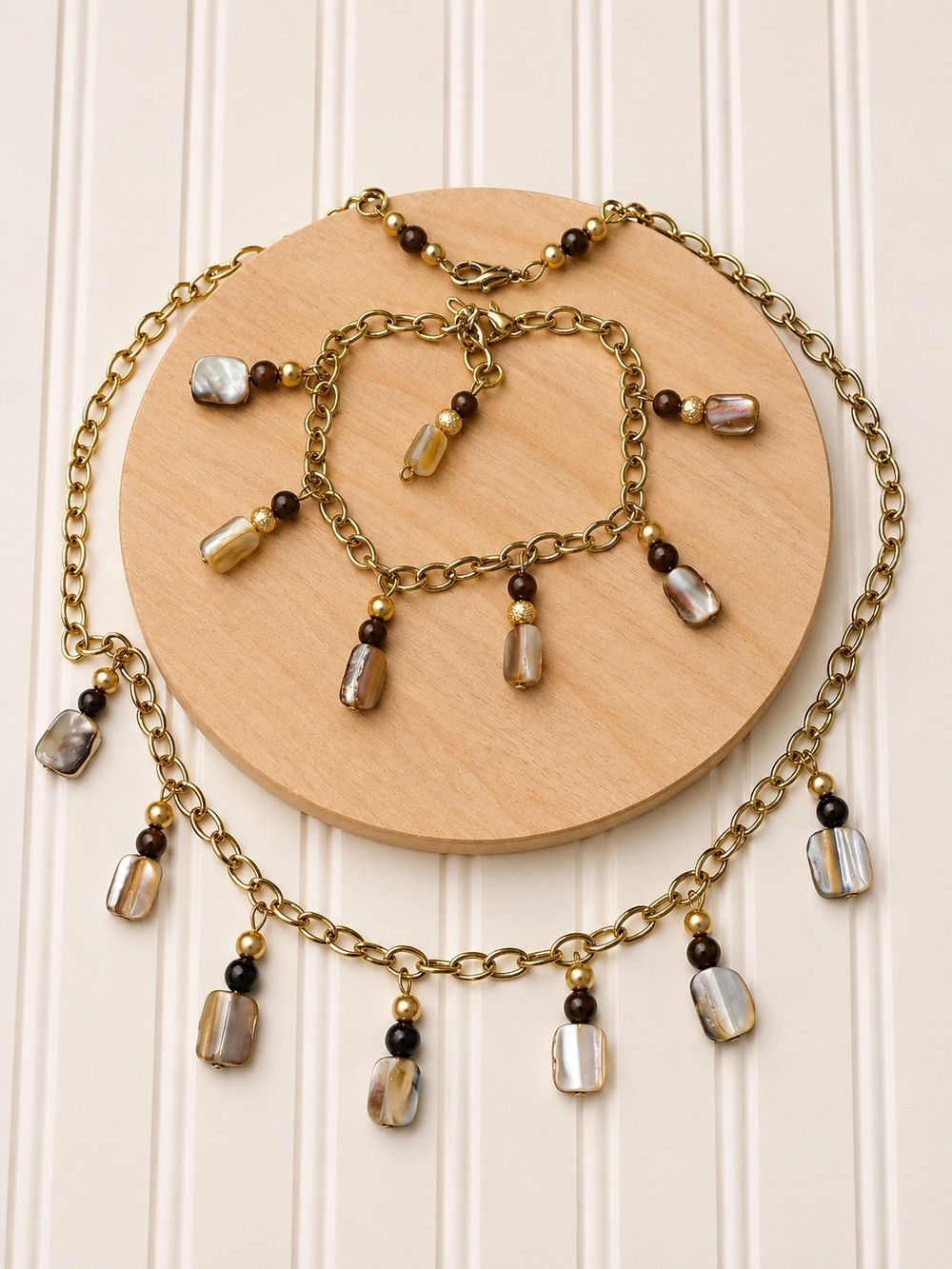 Gold-Tone Mother Of Pearl Drop Necklace & Bracelet Set - Brown Pearl Accents